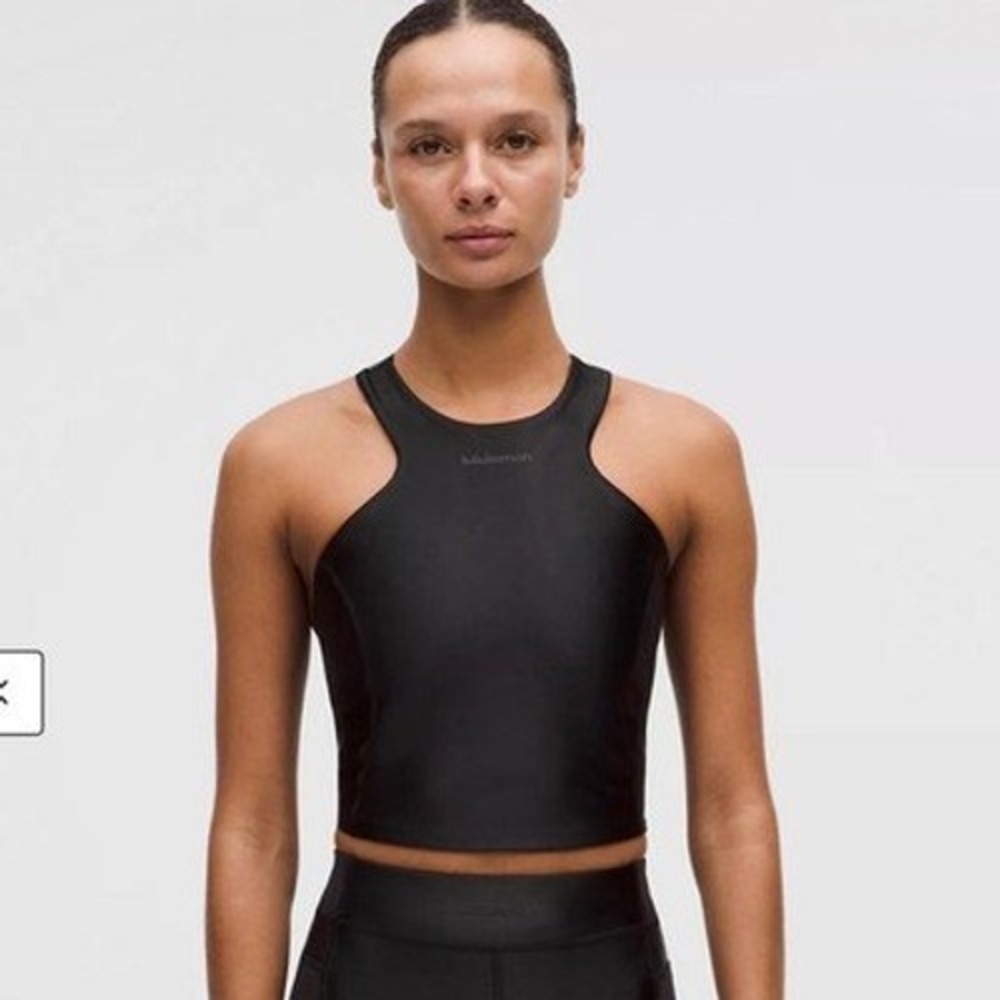 Lululemon Satin Shine Tank Wordmark Black Cropped Racerback Top‎ Size 0 NEW
